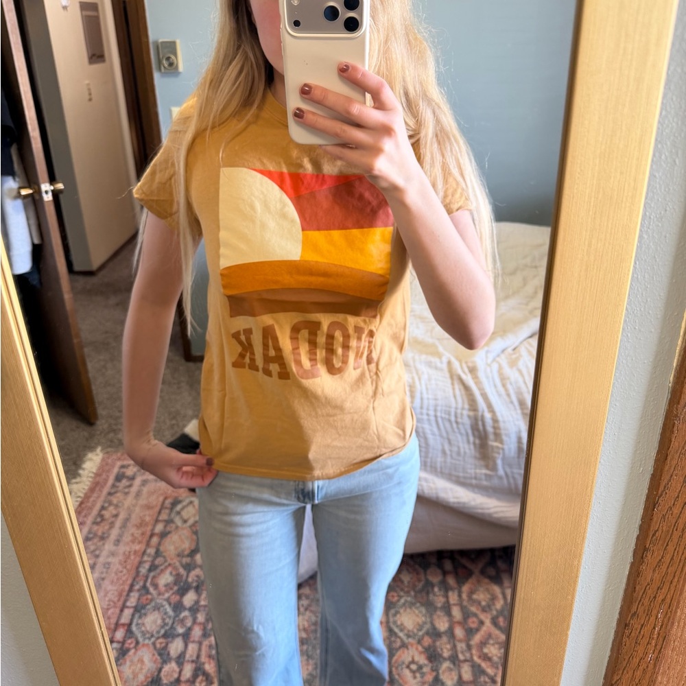 Gildan Mustard Yellow Graphic Tee with Orange and Cream Print